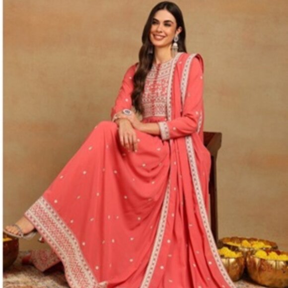 Pink Ethnic Motifs Embroidered Thread Work Georgette Anarkali Kurta With Dupatta - Picture 1 of 7